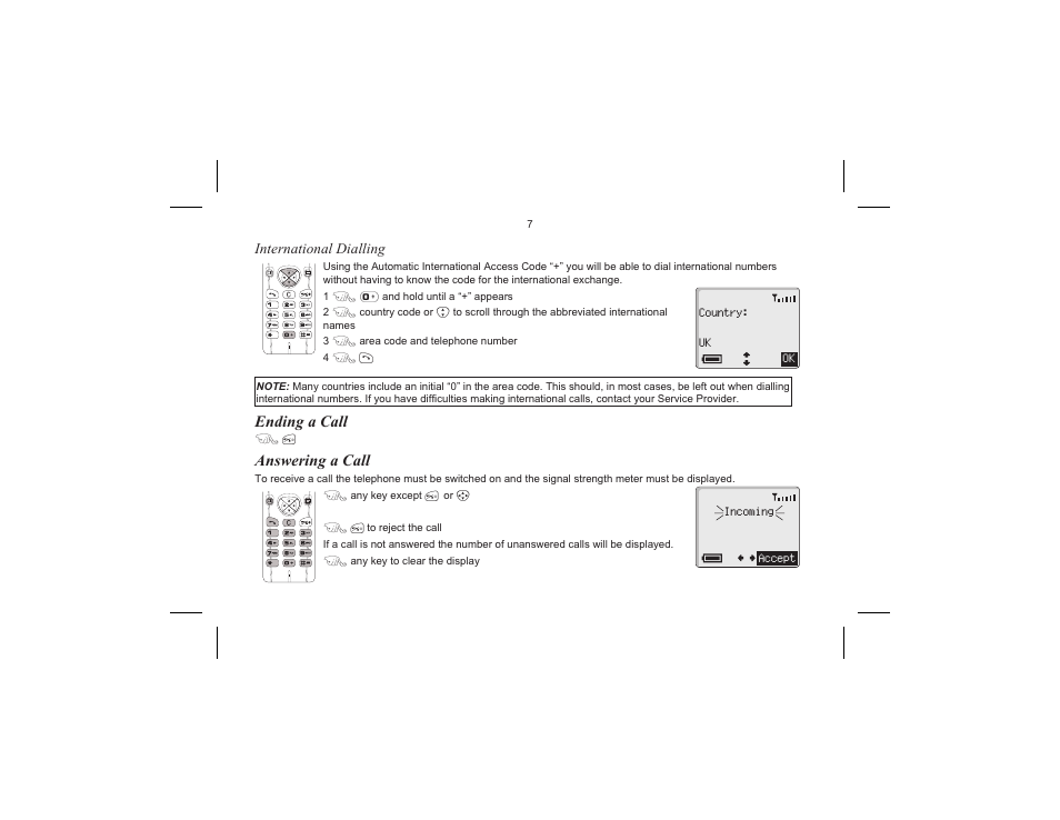 Ending a call, Answering a call, International dialling | Motorola EB-GD70 User Manual | Page 10 / 40