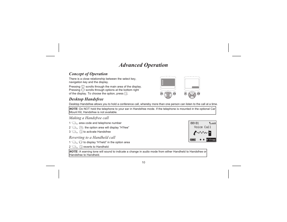 Advanced operation, Concept of operation, Desktop handsfree | Concept of operation, desktop handsfree | Motorola EB-GD70 User Manual | Page 13 / 40