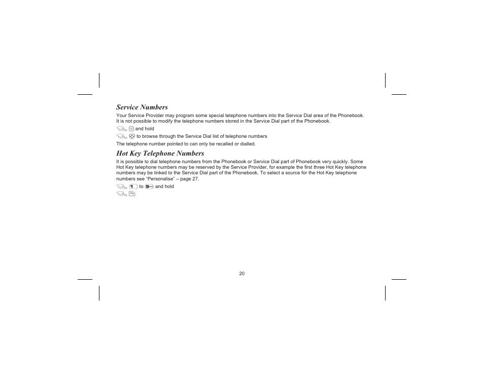 Service numbers, Hotkey telephone numbers, Service numbers, hot key telephone numbers | Motorola EB-GD70 User Manual | Page 23 / 40