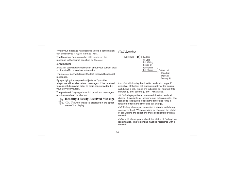 Call service, Reading a newly received message | Motorola EB-GD70 User Manual | Page 27 / 40