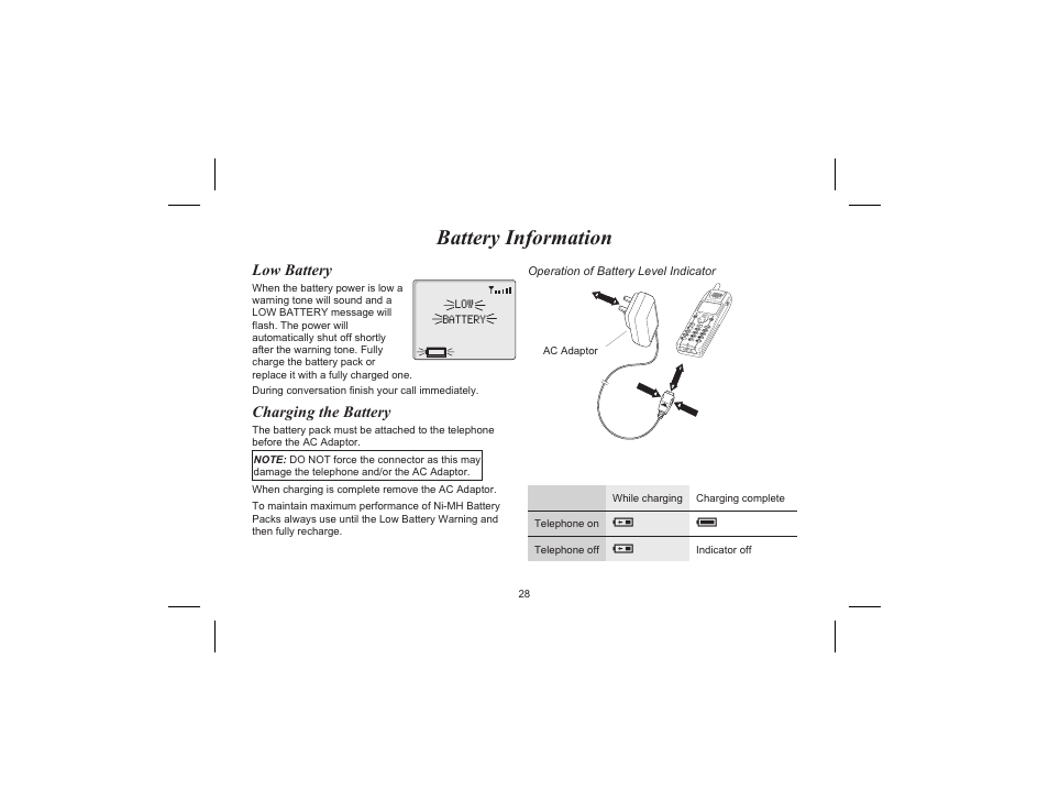 Battery information, Low battery, Charging the battery | Low battery, charging the battery | Motorola EB-GD70 User Manual | Page 31 / 40