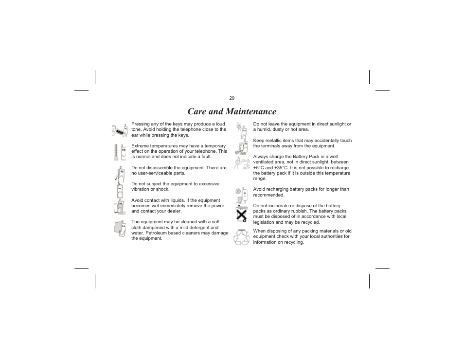 Care and maintenance | Motorola EB-GD70 User Manual | Page 32 / 40