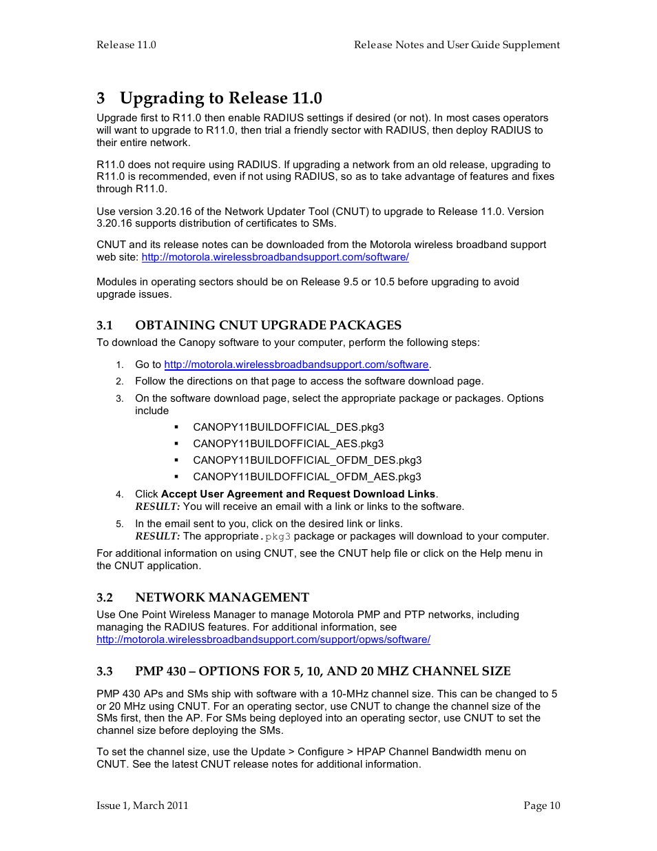 3 upgrading to release 11.0 | Motorola Canopy FSK and OFDM radios PTP 100 (FSK) User Manual | Page 10 / 56
