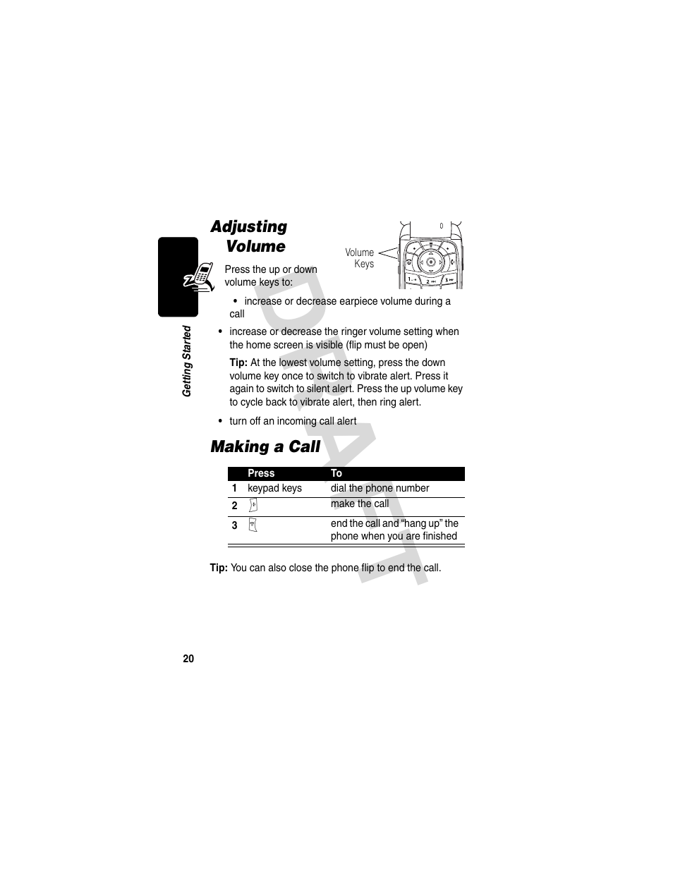 Adjusting volume, Making a call, Adjusting volume making a call | Dra f t | Motorola V600 GSM R3.6 User Manual | Page 21 / 121