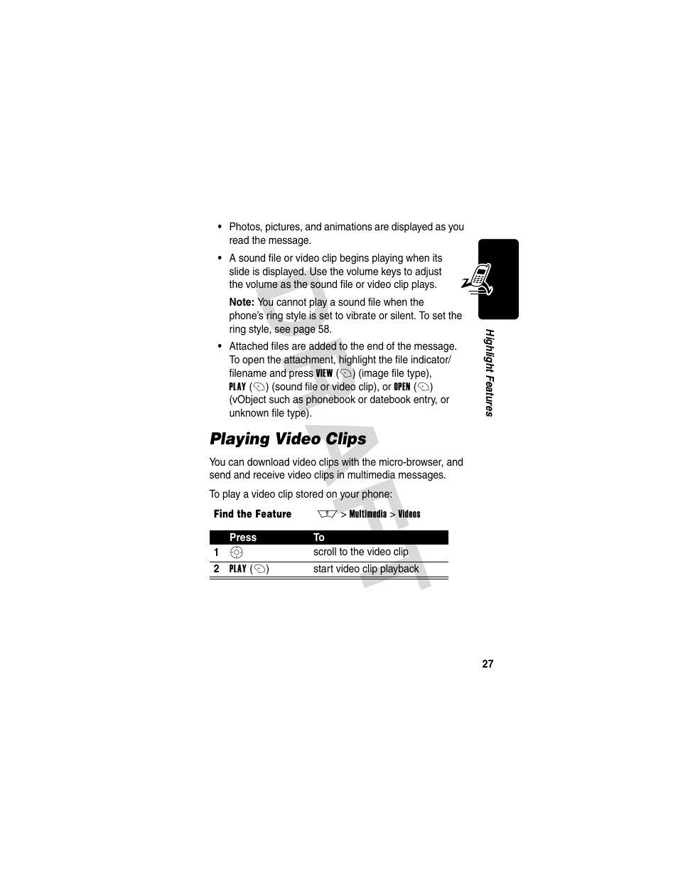 Playing video clips, Dra f t | Motorola V600 GSM R3.6 User Manual | Page 28 / 121