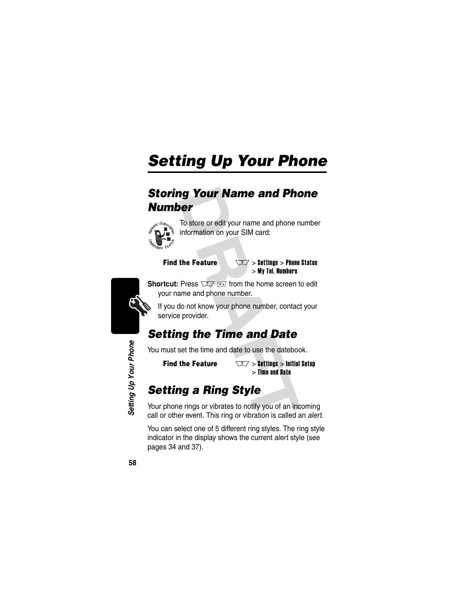Setting up your phone, Storing your name and phone number, Setting the time and date | Setting a ring style, Dra f t | Motorola V600 GSM R3.6 User Manual | Page 59 / 121