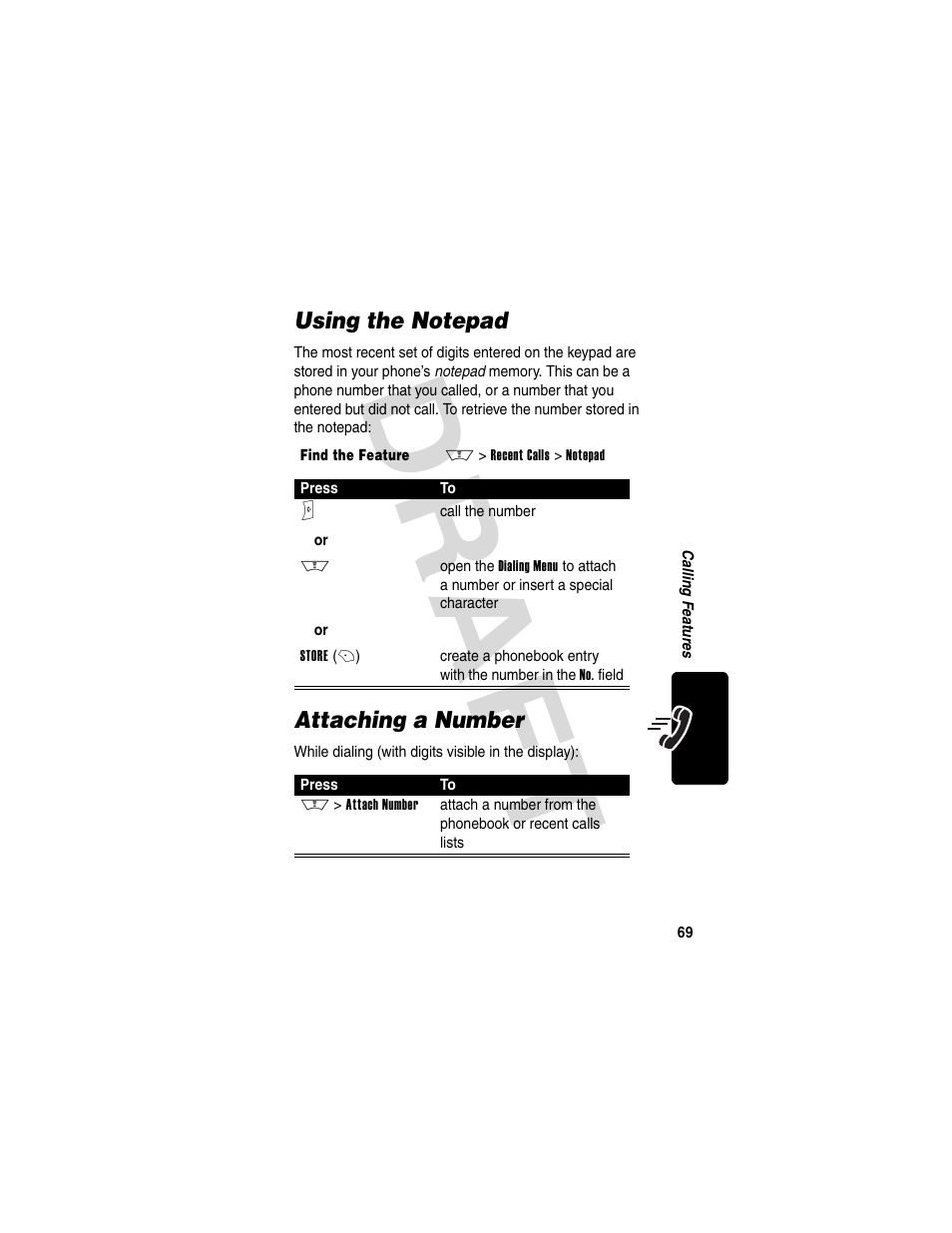 Using the notepad, Attaching a number, Using the notepad attaching a number | Dra f t | Motorola V600 GSM R3.6 User Manual | Page 70 / 121