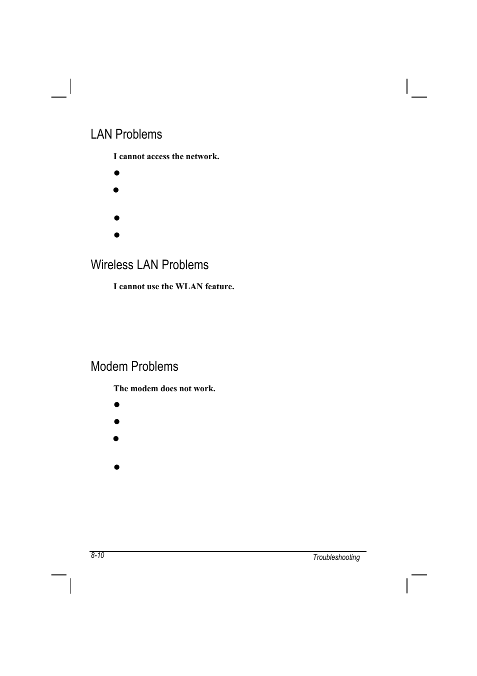 Lan problems, Wireless lan problems, Modem problems | Motorola L3392 User Manual | Page 126 / 134