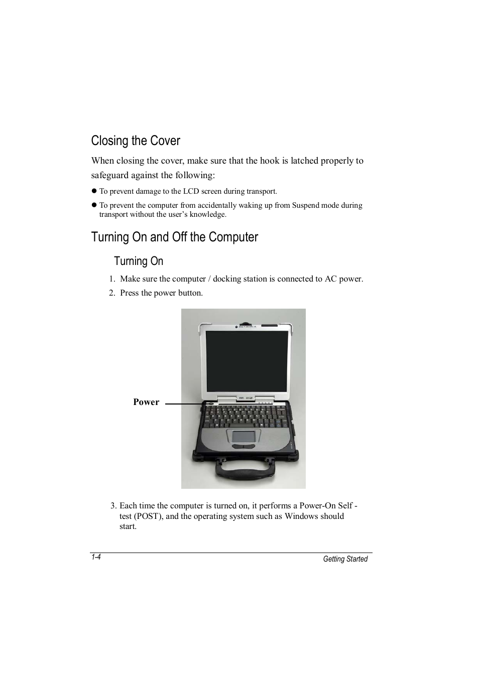 Closing the cover, Turning on and off the computer, Turning on | Motorola L3392 User Manual | Page 28 / 134