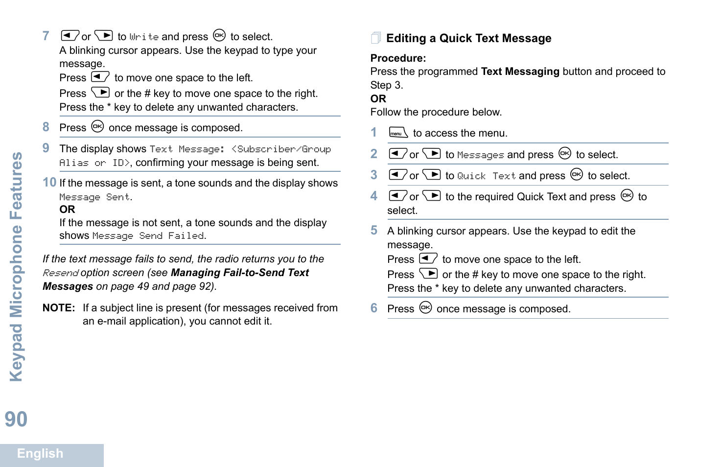 Editing a quick text message, Keyp ad mic rophone fe ature s | Motorola XPR 4580 User Manual | Page 102 / 121