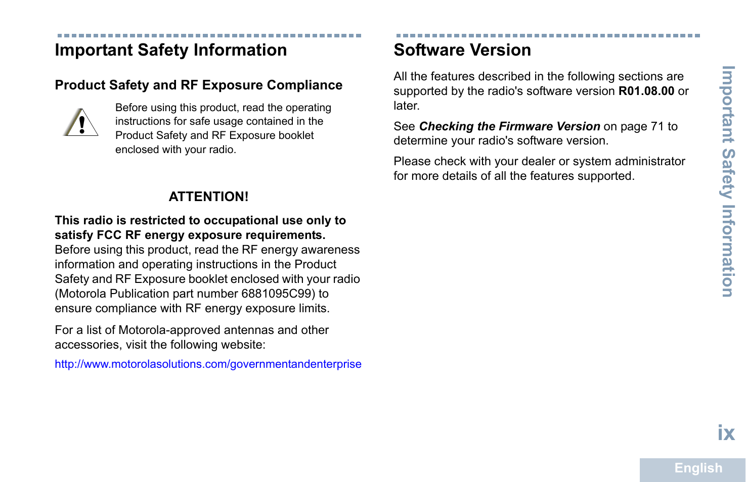 Important safety information, Product safety and rf exposure compliance, Software version | Product safety and rf exposure compliance . . .ix | Motorola XPR 4580 User Manual | Page 11 / 121