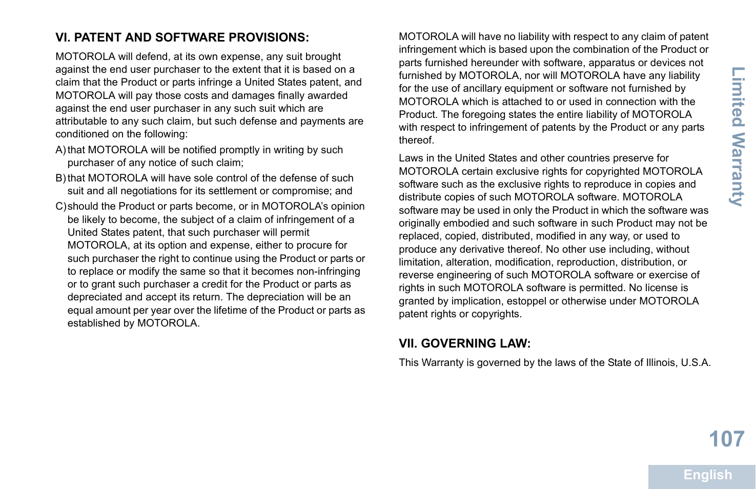 Vi. patent and software provisions, Vii. governing law, Li mit ed w arra nty | Motorola XPR 4580 User Manual | Page 119 / 121