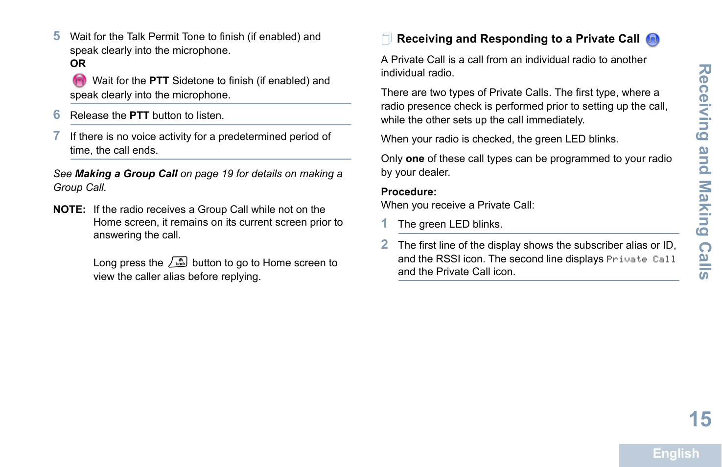 Receiving and responding to a private call, Receiving and making calls | Motorola XPR 4580 User Manual | Page 27 / 121