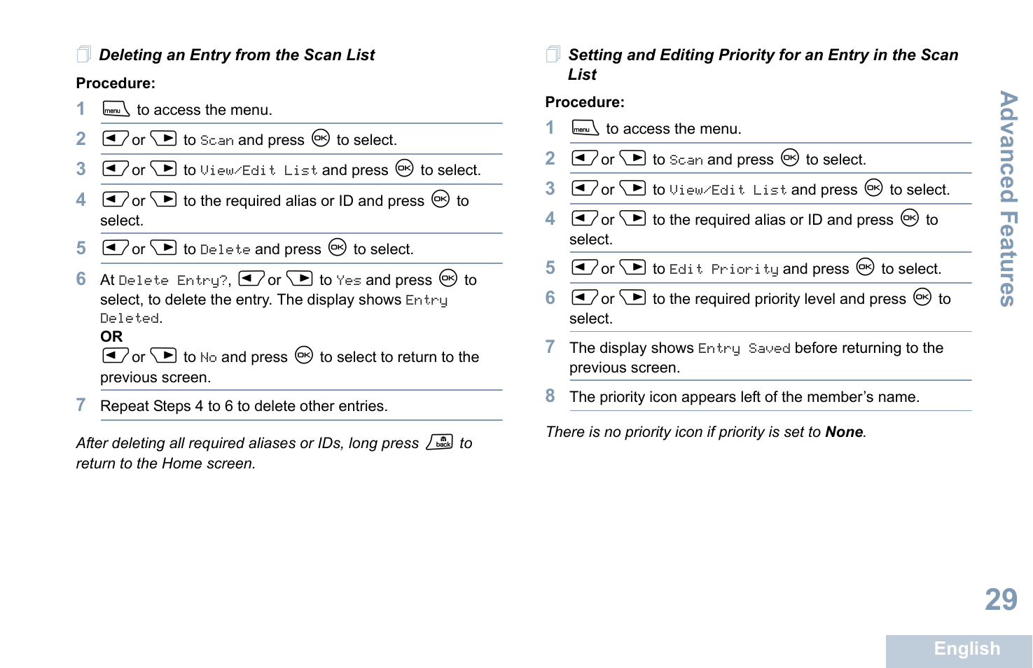 Deleting an entry from the scan list, Advanced features | Motorola XPR 4580 User Manual | Page 41 / 121