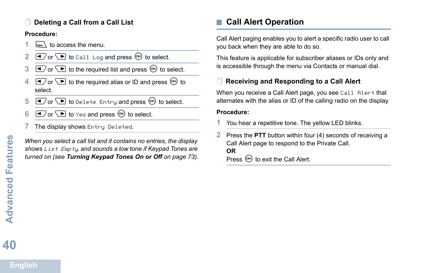 Deleting a call from a call list, Call alert operation, Receiving and responding to a call alert | Advanced features | Motorola XPR 4580 User Manual | Page 52 / 121