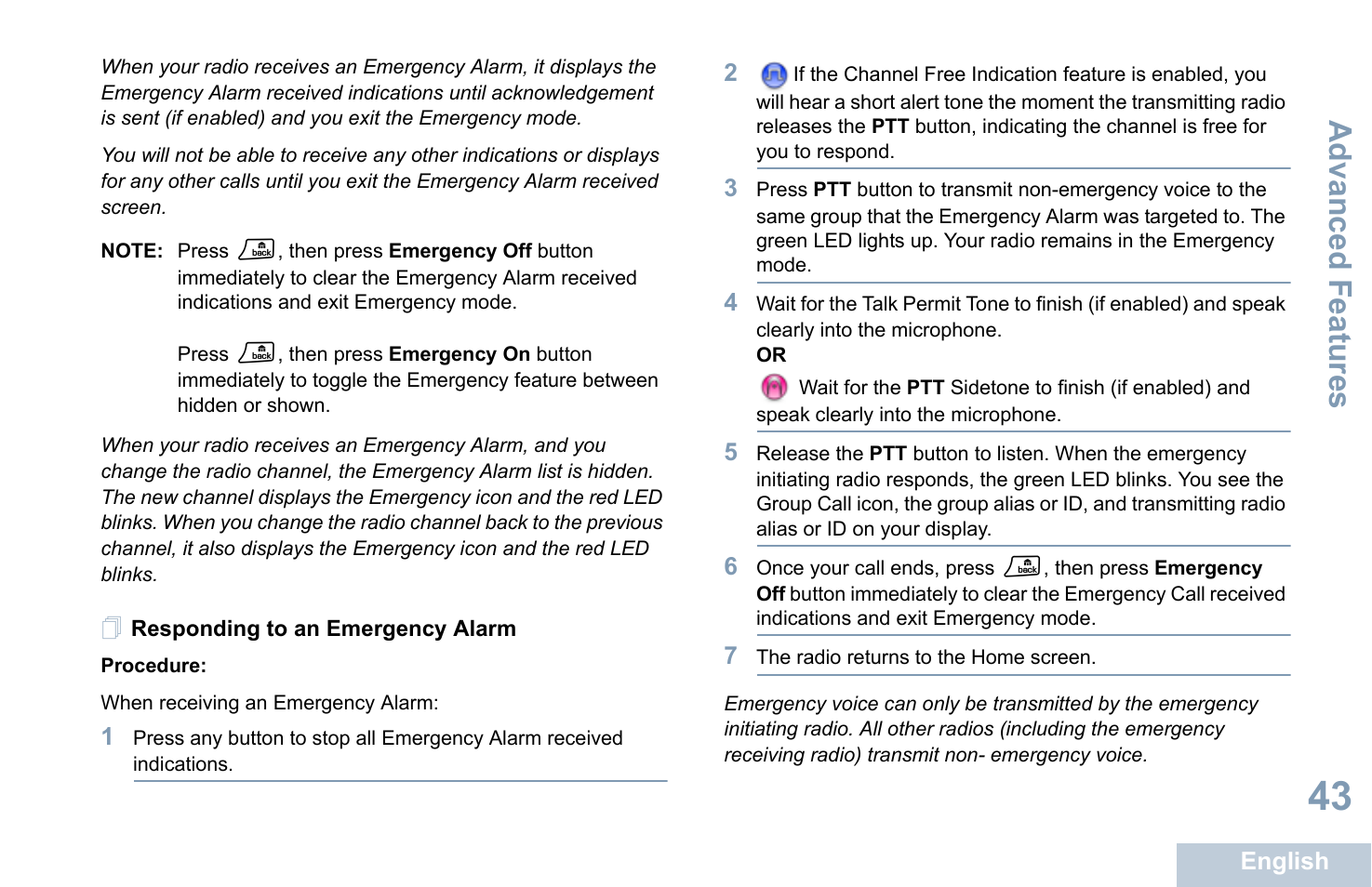 Responding to an emergency alarm, Advanced features | Motorola XPR 4580 User Manual | Page 55 / 121