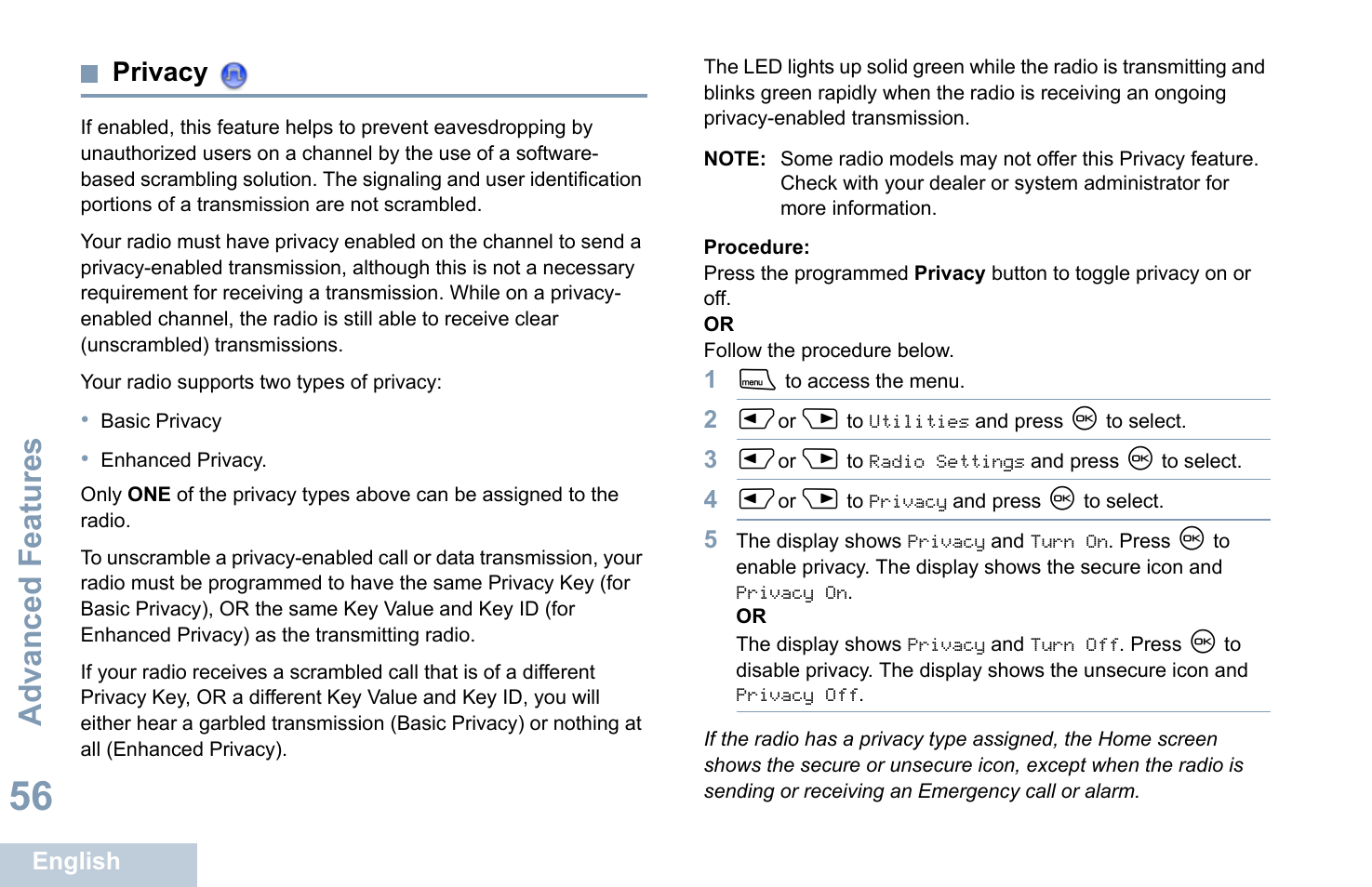 Privacy, Advanced features | Motorola XPR 4580 User Manual | Page 68 / 121