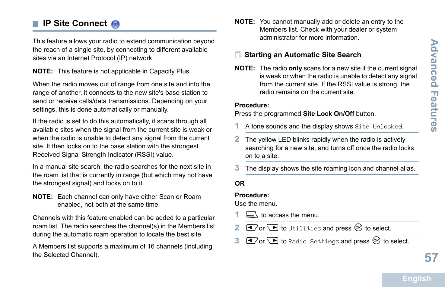 Ip site connect, Starting an automatic site search, See ip site connect | Advanced features | Motorola XPR 4580 User Manual | Page 69 / 121