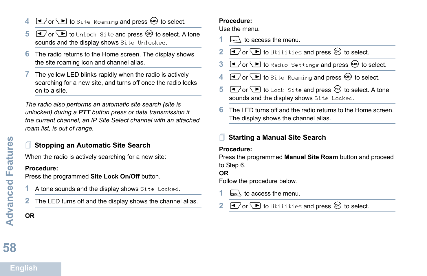 Stopping an automatic site search, Starting a manual site search, Advanced features | Motorola XPR 4580 User Manual | Page 70 / 121