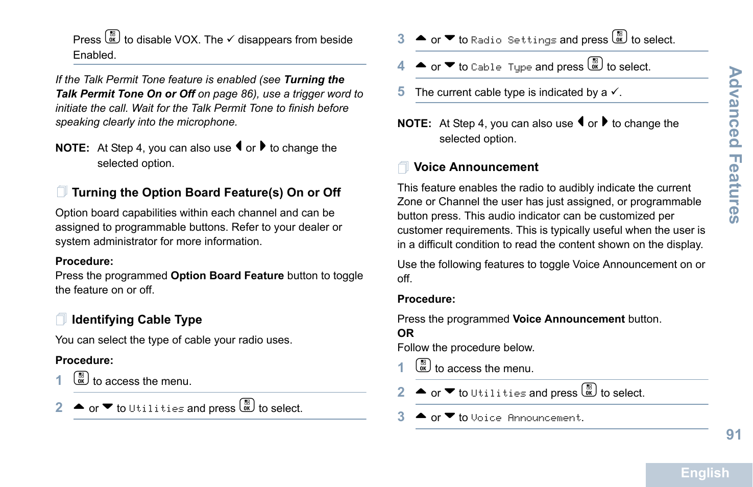 Turning the option board feature(s) on or off, Identifying cable type, Voice announcement | Advanced features | Motorola XPR 7550 User Manual | Page 103 / 120