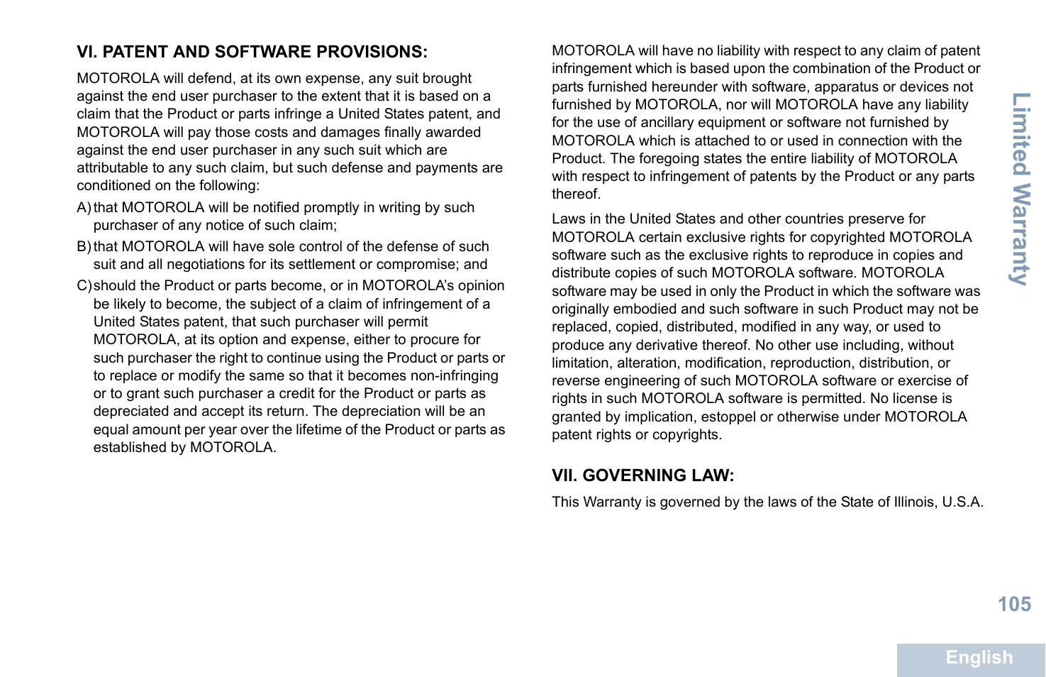 Vi. patent and software provisions, Vii. governing law, Li mit ed w arra nty | Motorola XPR 7550 User Manual | Page 117 / 120