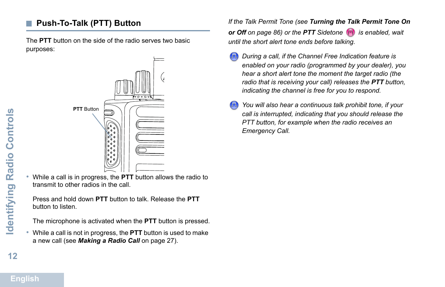 Push-to-talk (ptt) button, Identifying radio controls | Motorola XPR 7550 User Manual | Page 24 / 120