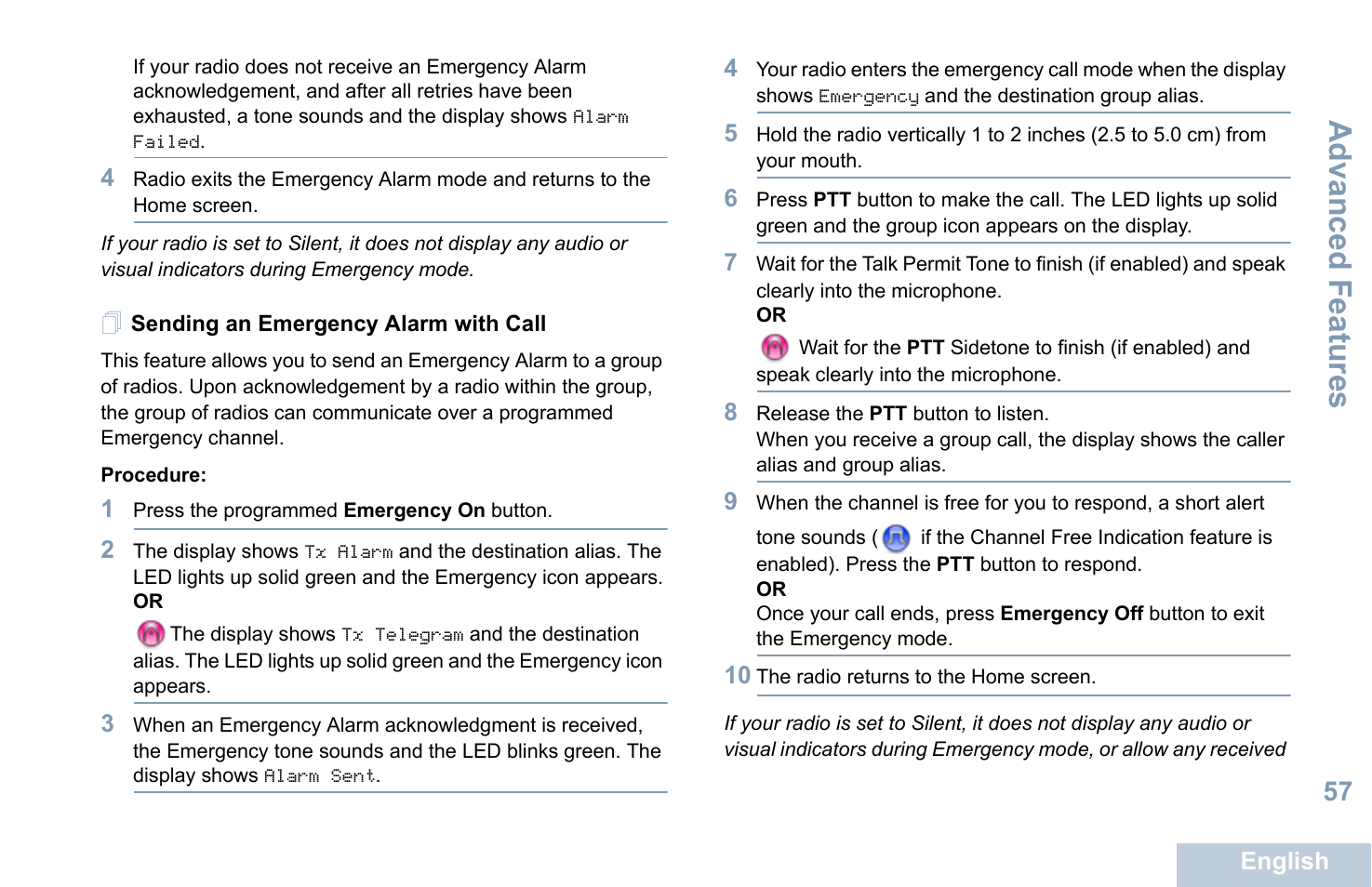 Sending an emergency alarm with call, Advanced features | Motorola XPR 7550 User Manual | Page 69 / 120