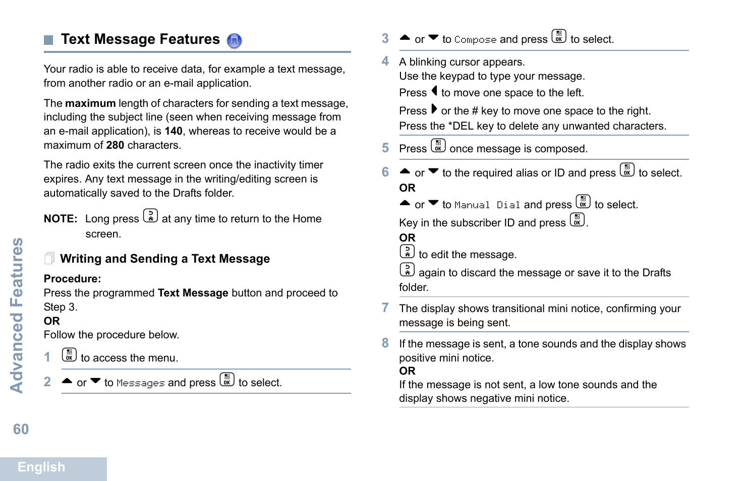 Text message features, Writing and sending a text message, Advanced features | Motorola XPR 7550 User Manual | Page 72 / 120