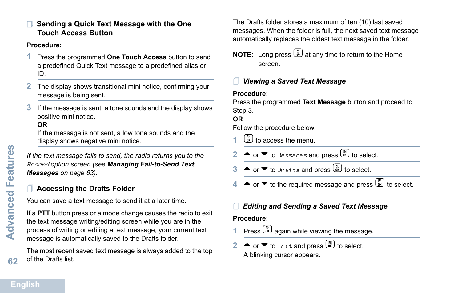 Accessing the drafts folder, Viewing a saved text message, Editing and sending a saved text message | Advanced features | Motorola XPR 7550 User Manual | Page 74 / 120