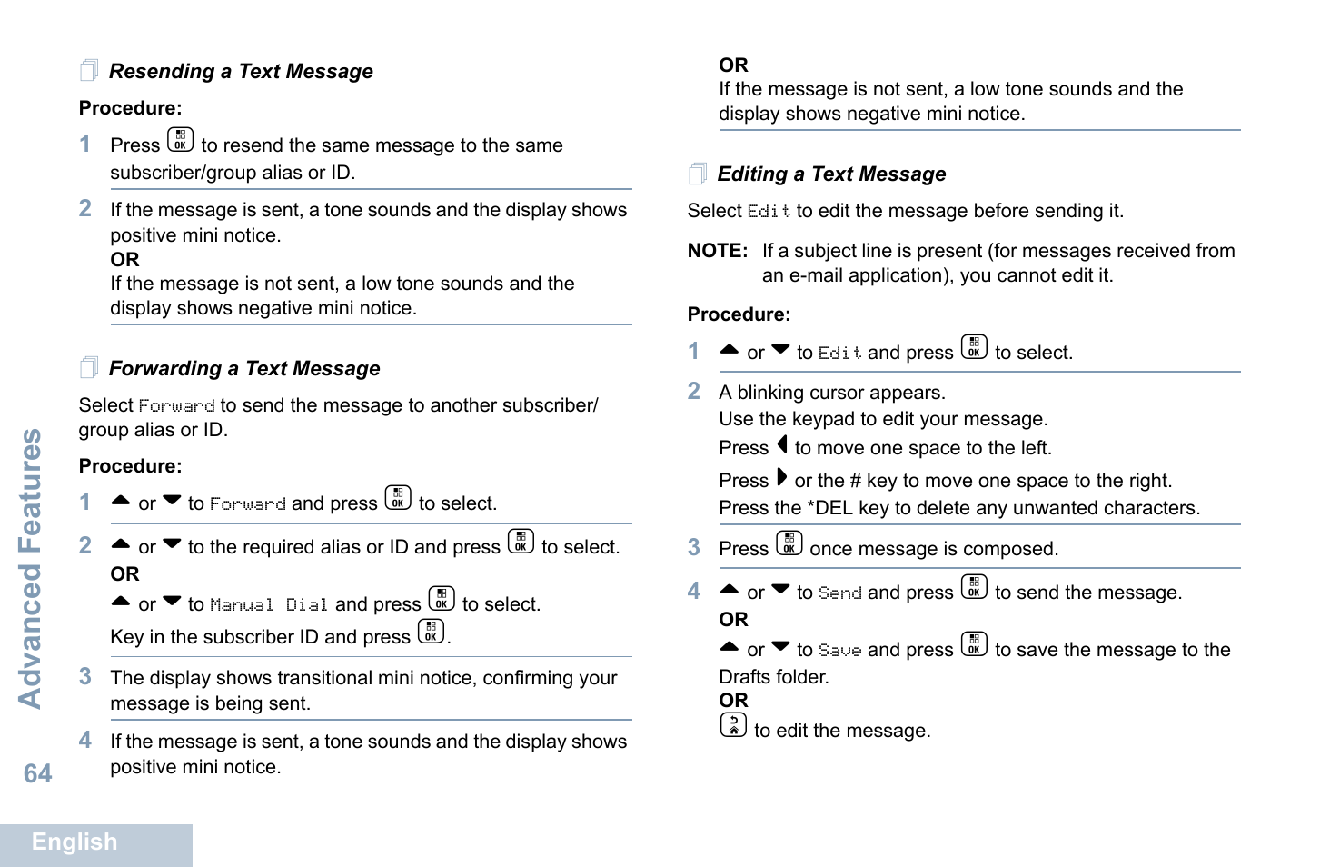 Resending a text message, Forwarding a text message, Editing a text message | Advanced features | Motorola XPR 7550 User Manual | Page 76 / 120