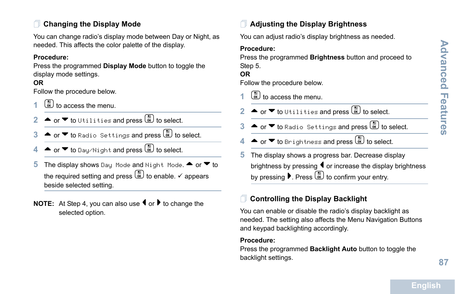 Changing the display mode, Adjusting the display brightness, Controlling the display backlight | Advanced features | Motorola XPR 7550 User Manual | Page 99 / 120