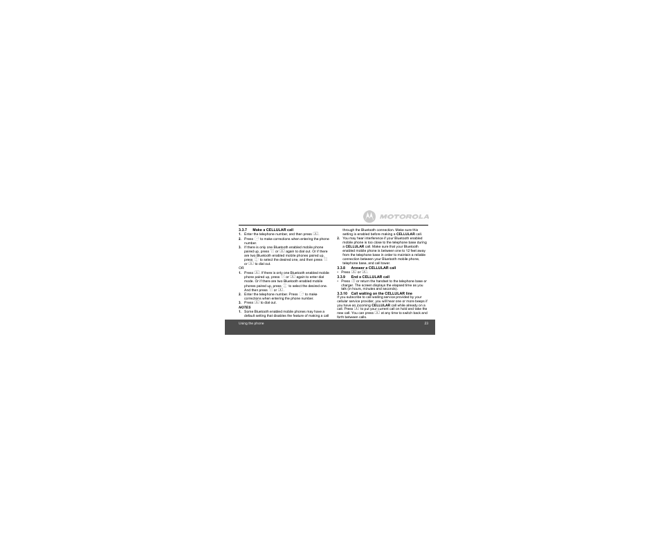 7 make a cellular call, 8 answer a cellular call, 9 end a cellular call | 10 call waiting on the cellular line | Motorola B801 User Manual | Page 23 / 67