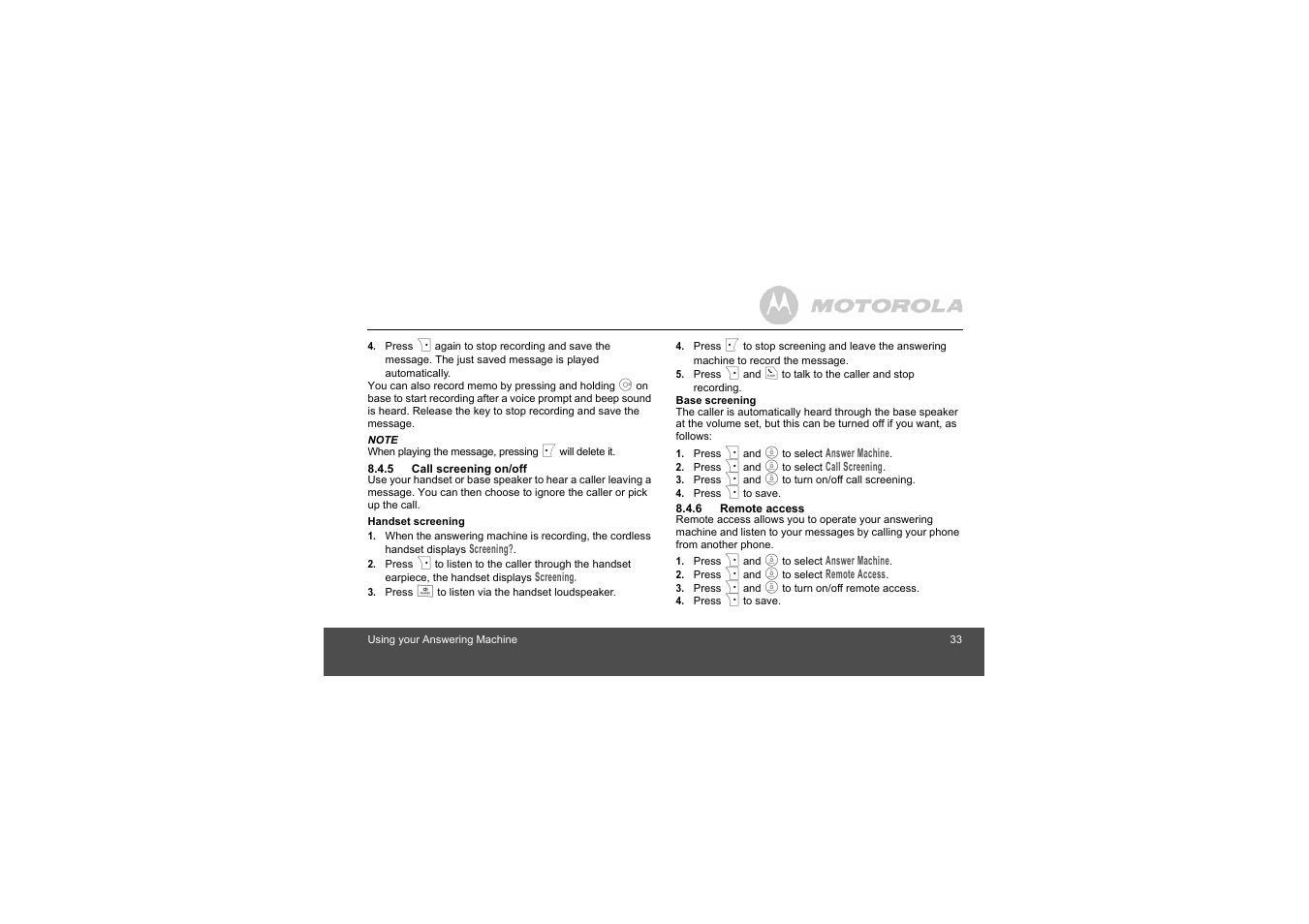 5 call screening on/off, 6 remote access | Motorola S803 User Manual | Page 33 / 52
