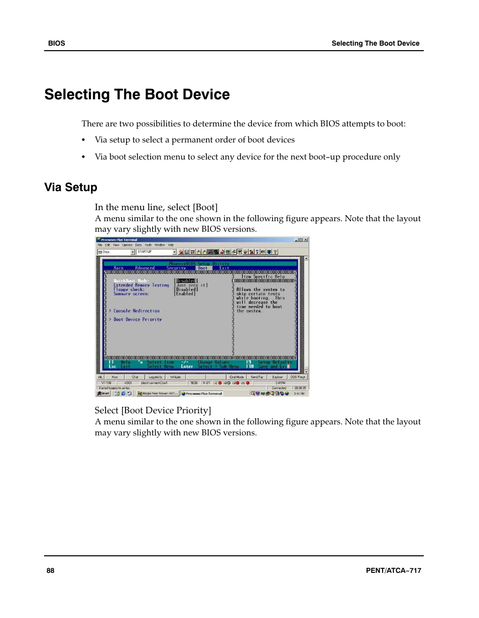 Selecting the boot device, Via setup | Motorola ATCA-717 User Manual | Page 88 / 156