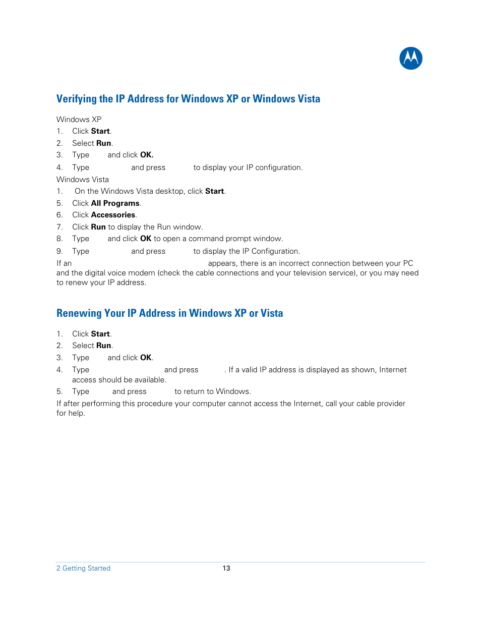 Renewing your ip address in windows xp or vista | Motorola SB5101N DOCSIS 2.0 Cable  Modem User Manual | Page 13 / 16