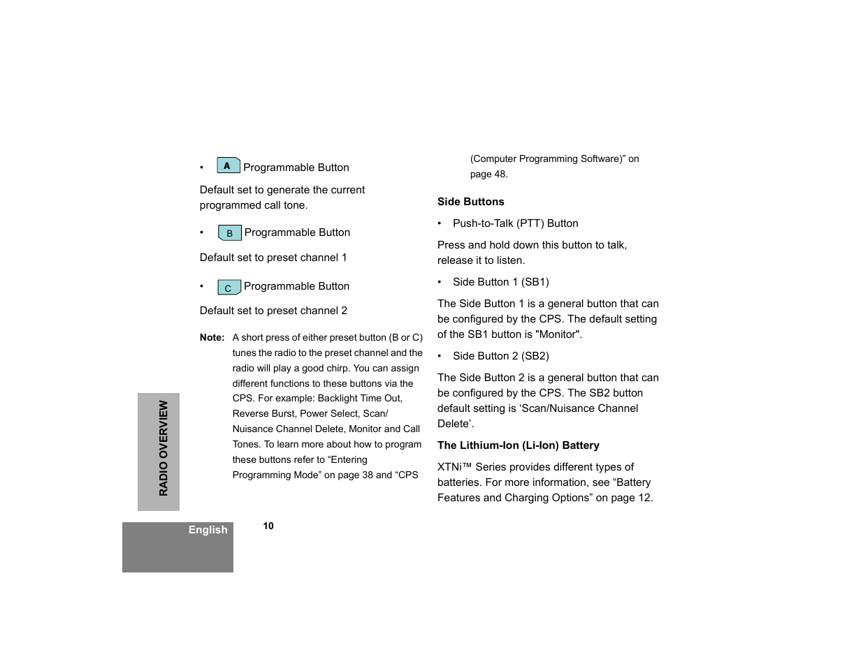 Side buttons the lithium-ion (li-ion) battery | Motorola XTNi Series User Manual | Page 12 / 69