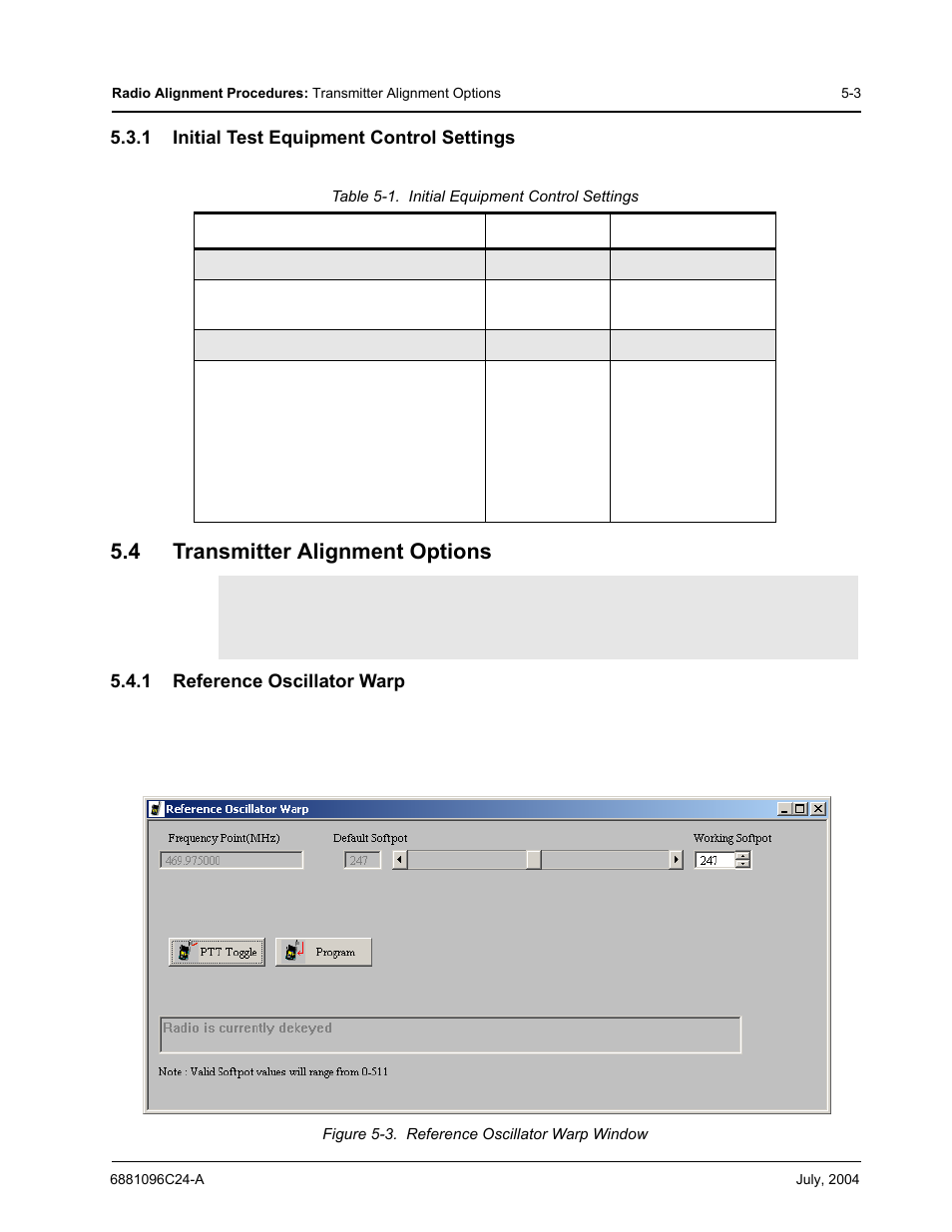 1 initial test equipment control settings, 4 transmitter alignment options, 1 reference oscillator warp | Motorola PR400 User Manual | Page 37 / 128