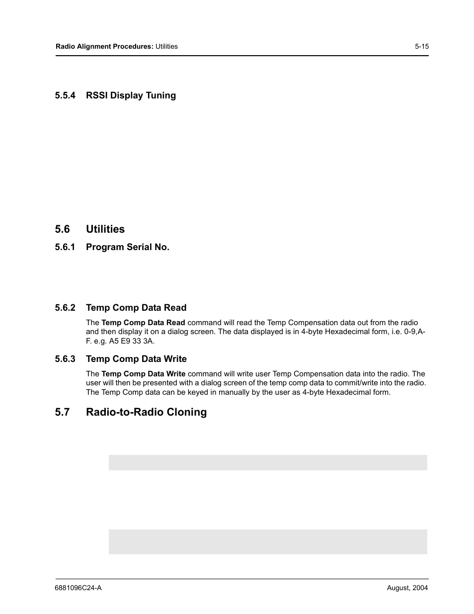 4 rssi display tuning, 6 utilities, 1 program serial no | 2 temp comp data read, 3 temp comp data write, 7 radio-to-radio cloning | Motorola PR400 User Manual | Page 49 / 128