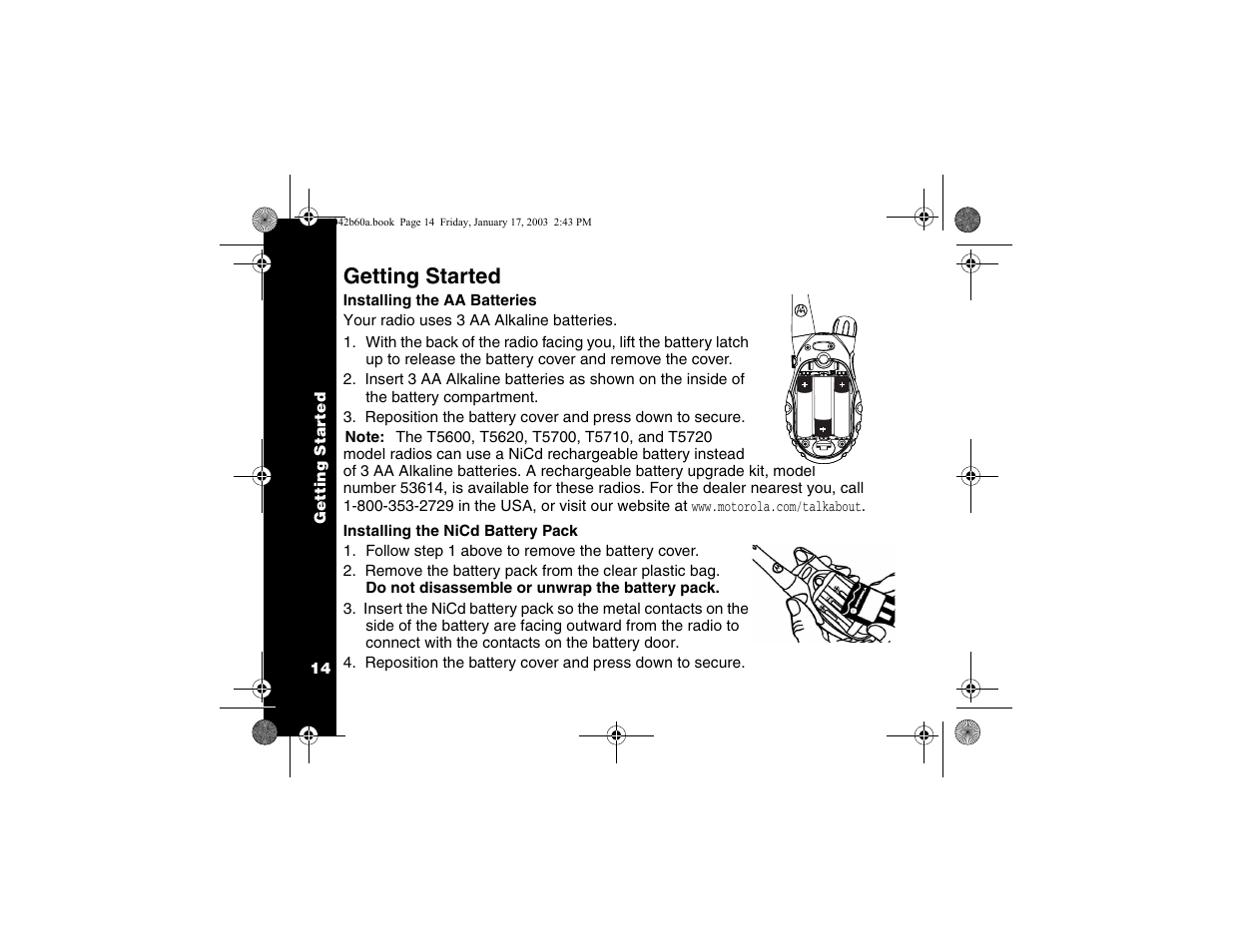 Getting started, Installing the batteries | Motorola T5620 User Manual | Page 16 / 33