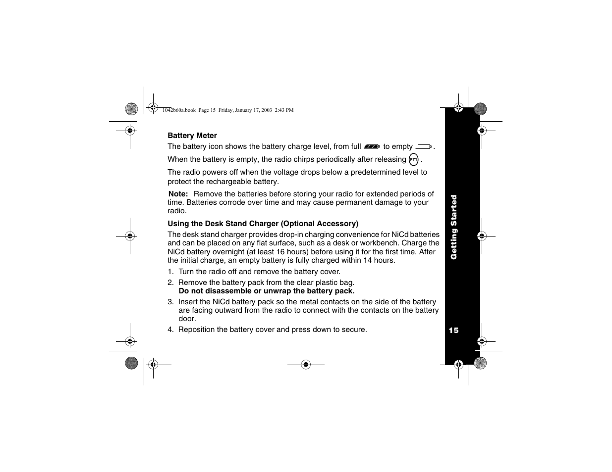 Battery meter, Using the desk stand charger | Motorola T5620 User Manual | Page 17 / 33