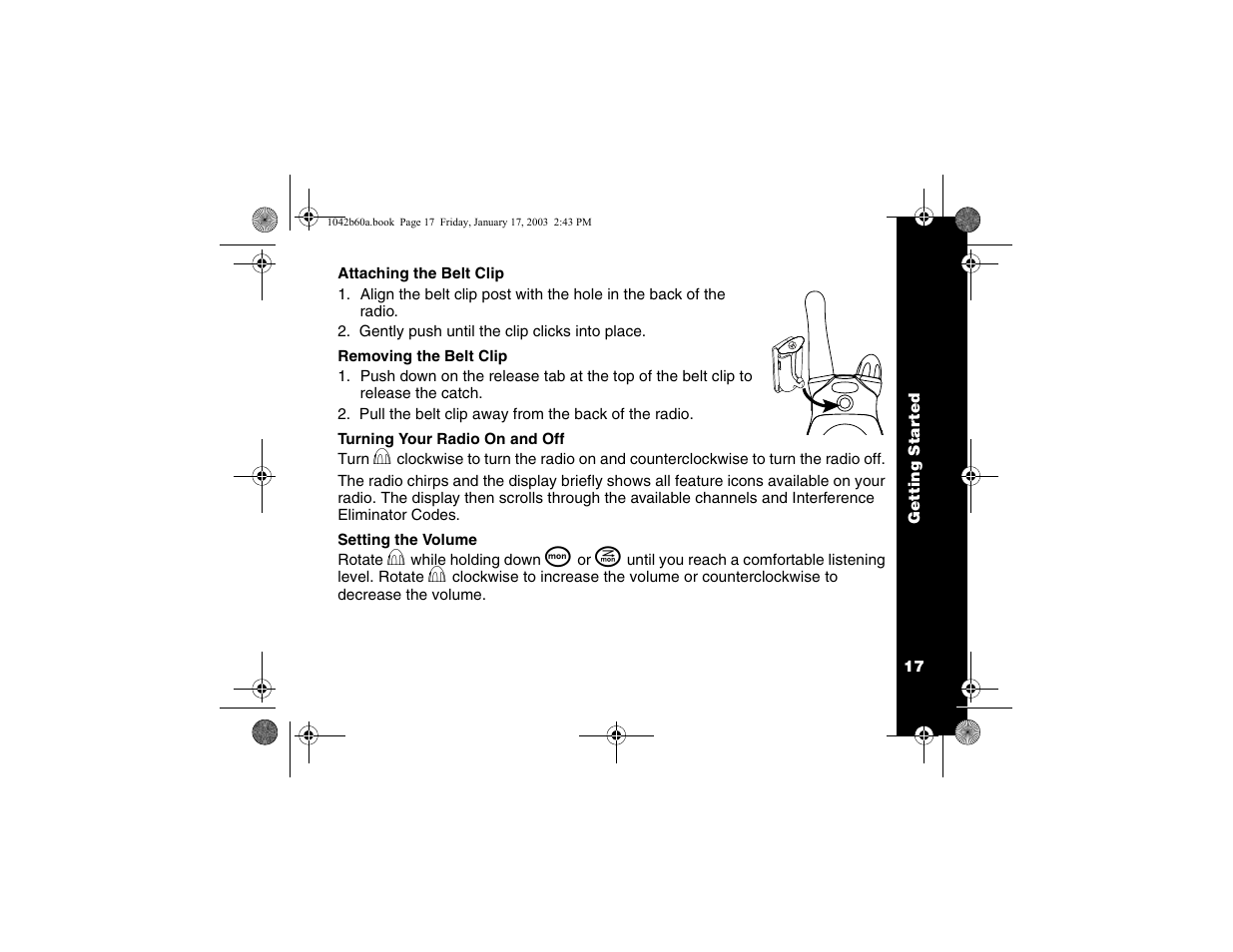 Attaching/removing the belt clip, Turning radio on/off, Setting the volume | Motorola T5620 User Manual | Page 19 / 33