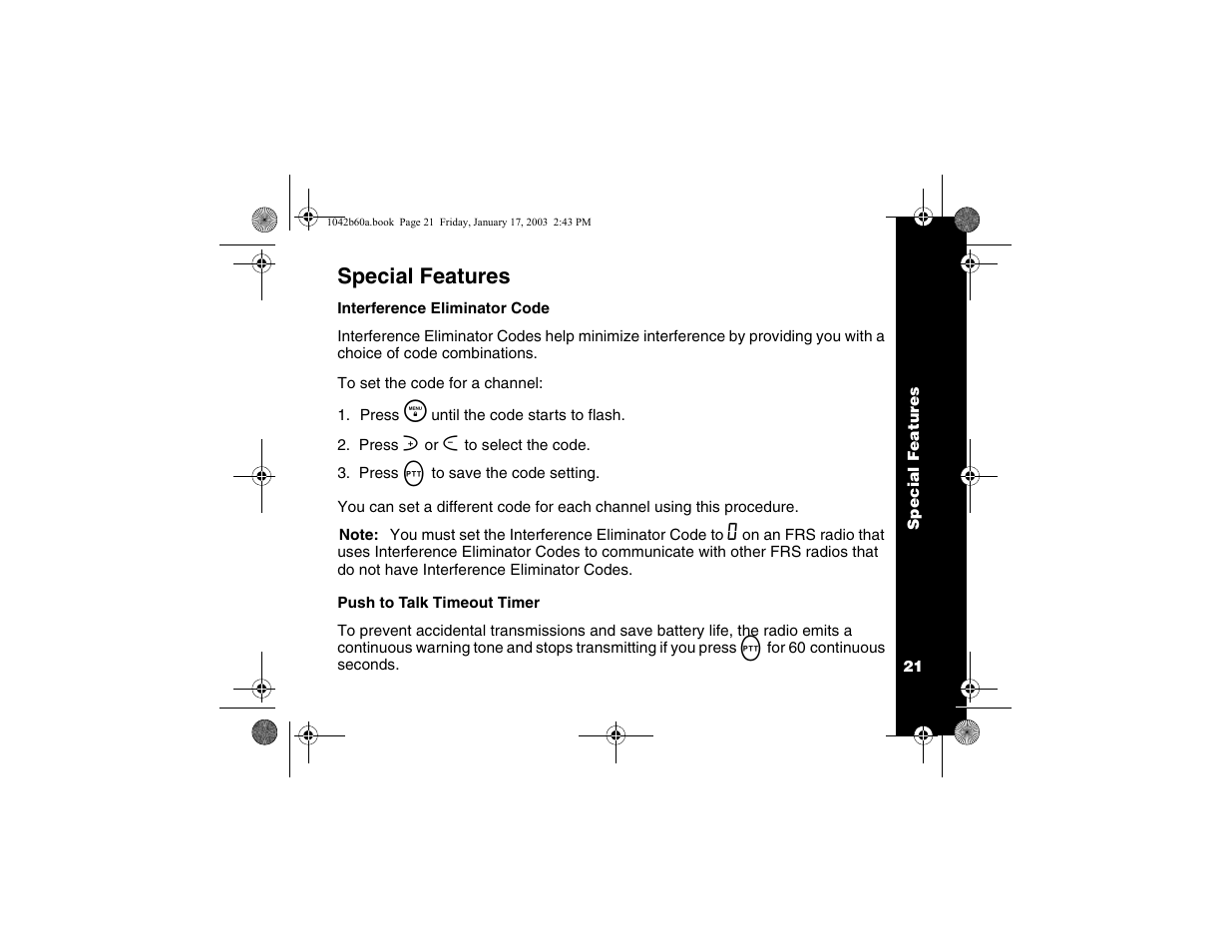 Special features, Interference eliminator codes | Motorola T5620 User Manual | Page 23 / 33