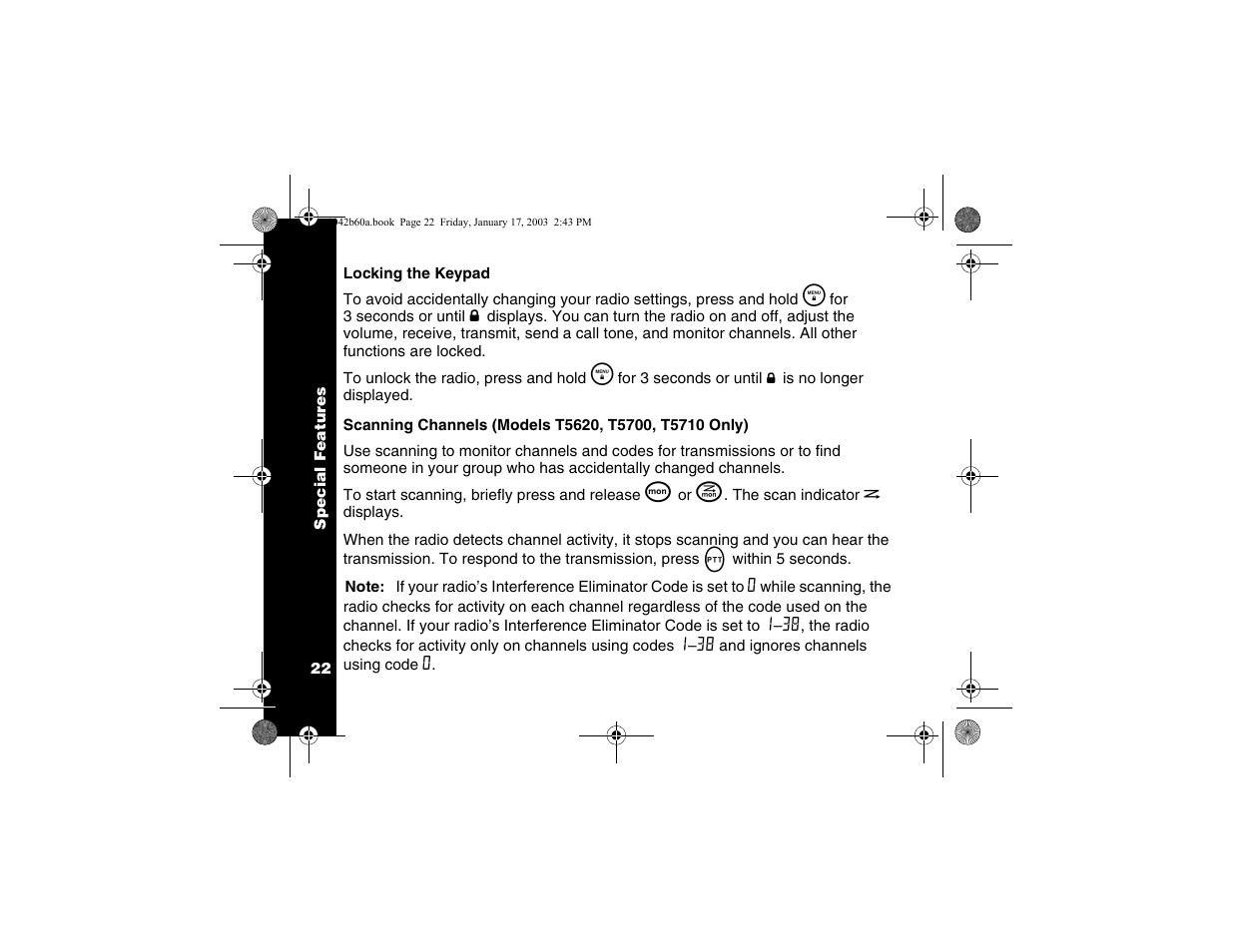 Locking the keypad, Scanning the channels | Motorola T5620 User Manual | Page 24 / 33