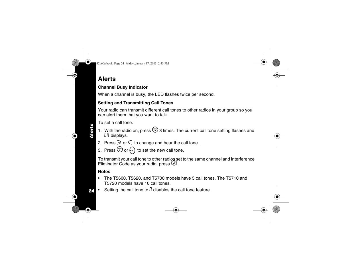 Alerts, Channel busy indicator, Setting and transmitting call tones | Motorola T5620 User Manual | Page 26 / 33