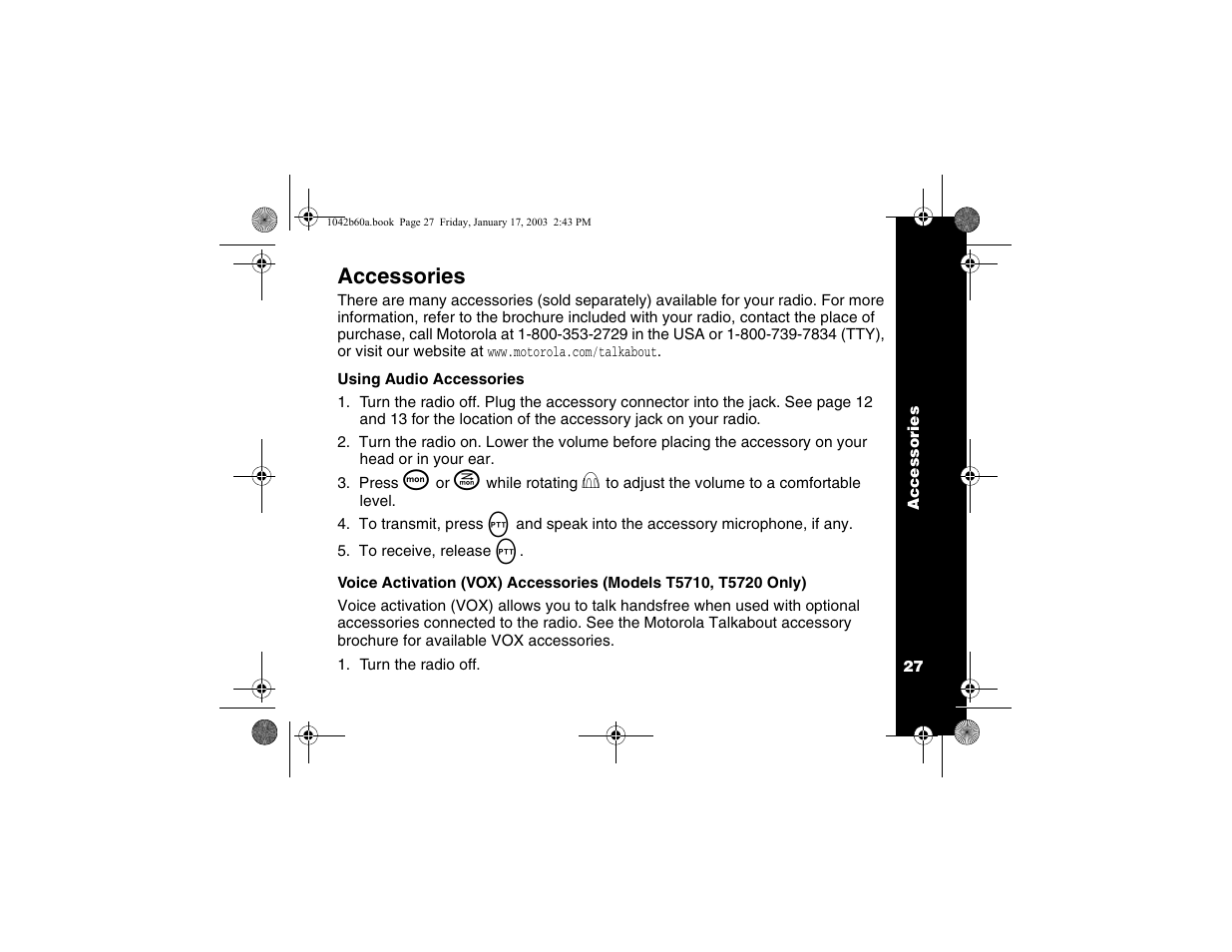 Accessories, Using audio accessories, Voice activation | Motorola T5620 User Manual | Page 29 / 33