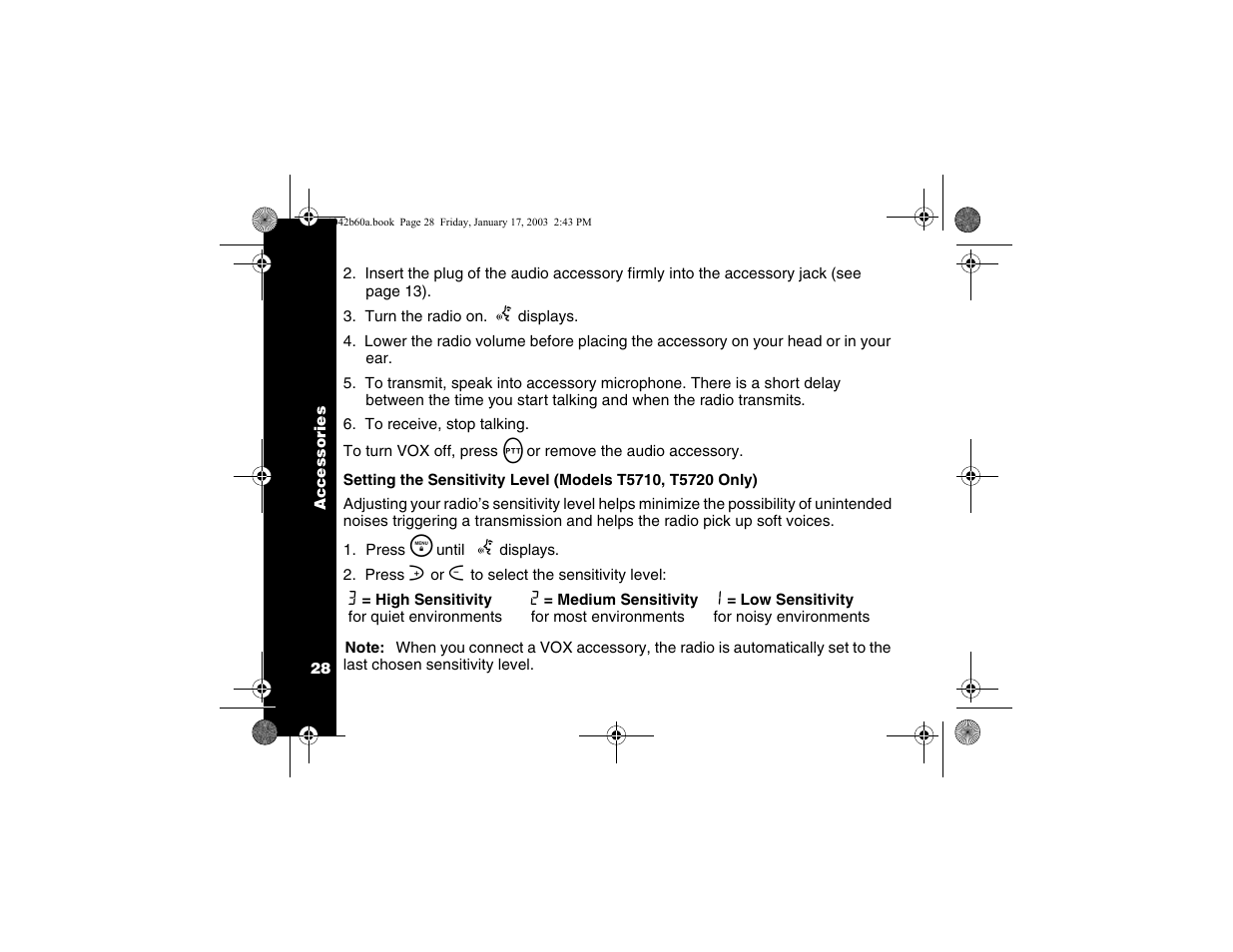 Setting the sensitivity levels | Motorola T5620 User Manual | Page 30 / 33
