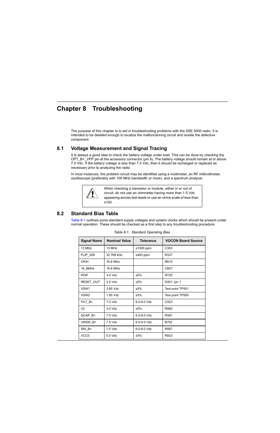 Chapter 8 troubleshooting, 1 voltage measurement and signal tracing, 2 standard bias table | Chapter 8, Troubleshooting -1, Voltage measurement and signal tracing -1, Standard bias table -1, Table 8-1, Standard operating bias -1 | Motorola SSETM 5000 User Manual | Page 101 / 224