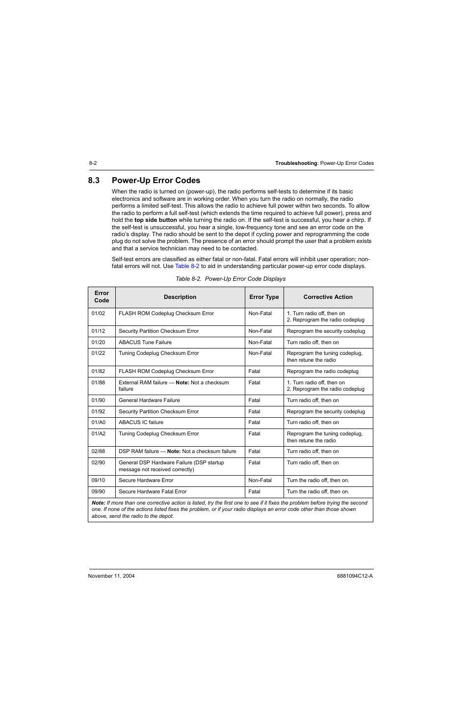 3 power-up error codes, Power-up error codes -2, Table 8-2 | Power-up error code displays -2 | Motorola SSETM 5000 User Manual | Page 102 / 224