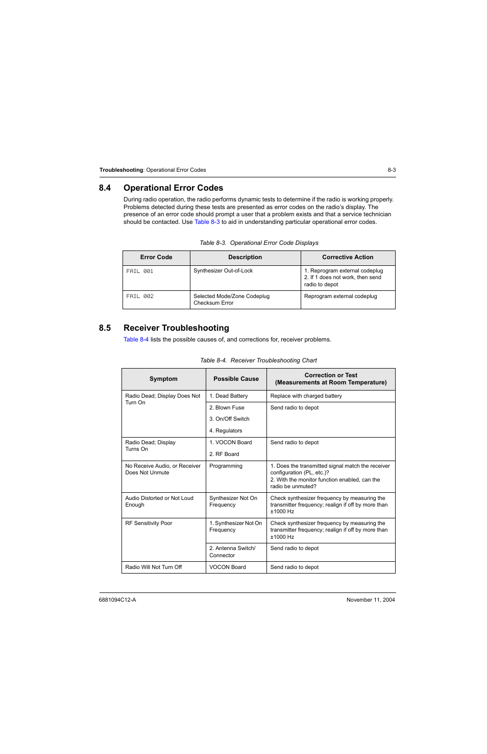 4 operational error codes, 5 receiver troubleshooting, Operational error codes -3 | Receiver troubleshooting -3, Table 8-3, Operational error code displays -3, Table 8-4, Receiver troubleshooting chart -3 | Motorola SSETM 5000 User Manual | Page 103 / 224