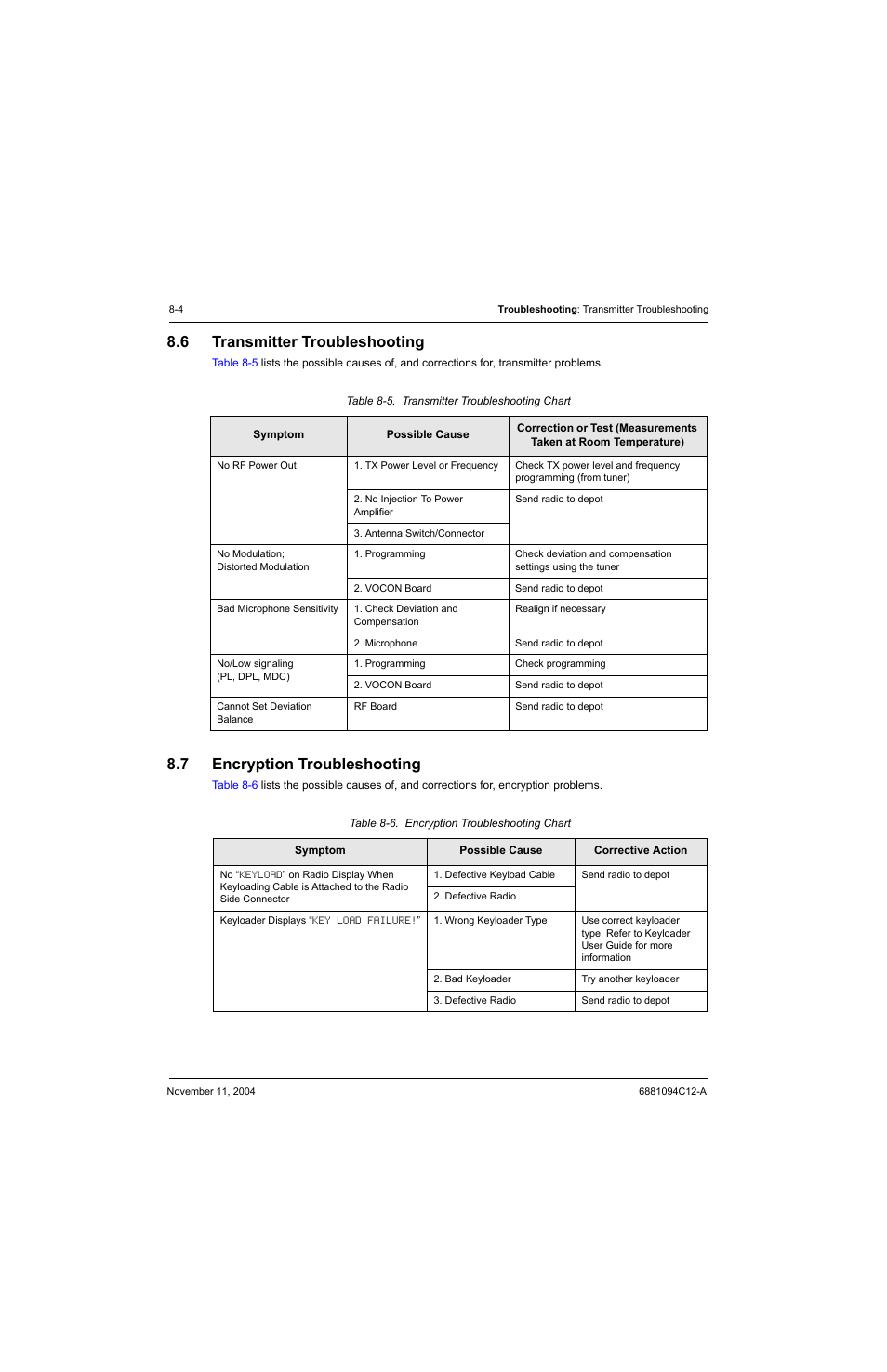 6 transmitter troubleshooting, 7 encryption troubleshooting, Transmitter troubleshooting -4 | Encryption troubleshooting -4, Table 8-5, Transmitter troubleshooting chart -4, Table 8-6, Encryption troubleshooting chart -4 | Motorola SSETM 5000 User Manual | Page 104 / 224